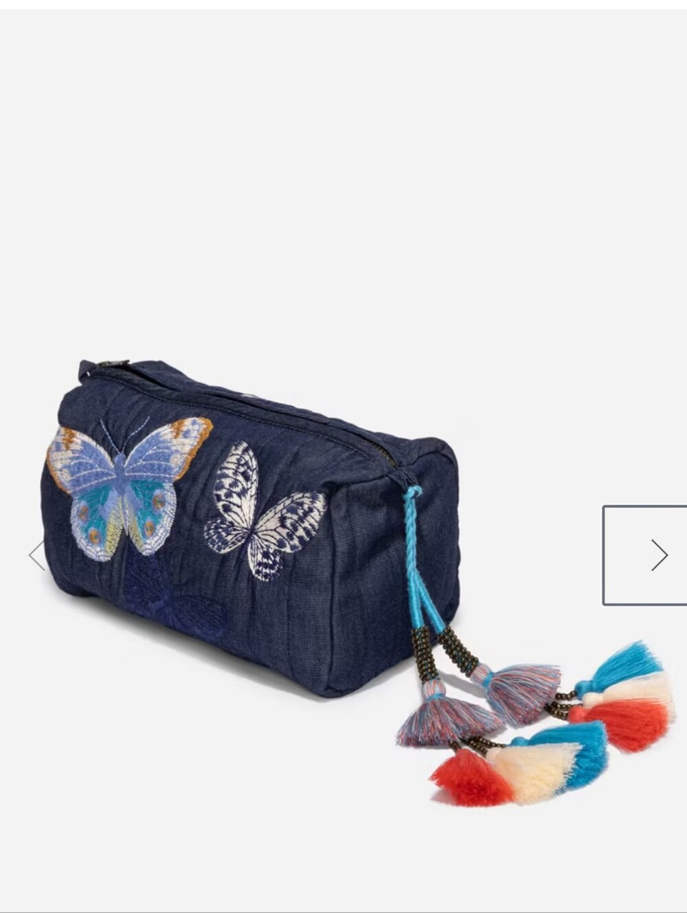 Johnny Was Navy Quilted Butterfly Embroidered Cosmetic Bag with Tassel